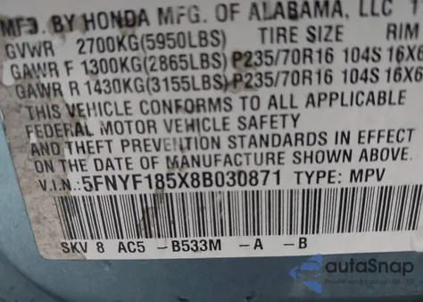 2008 Honda Pilot Ex-L from USA, damaged, VIN 5FNYF185X8B030871